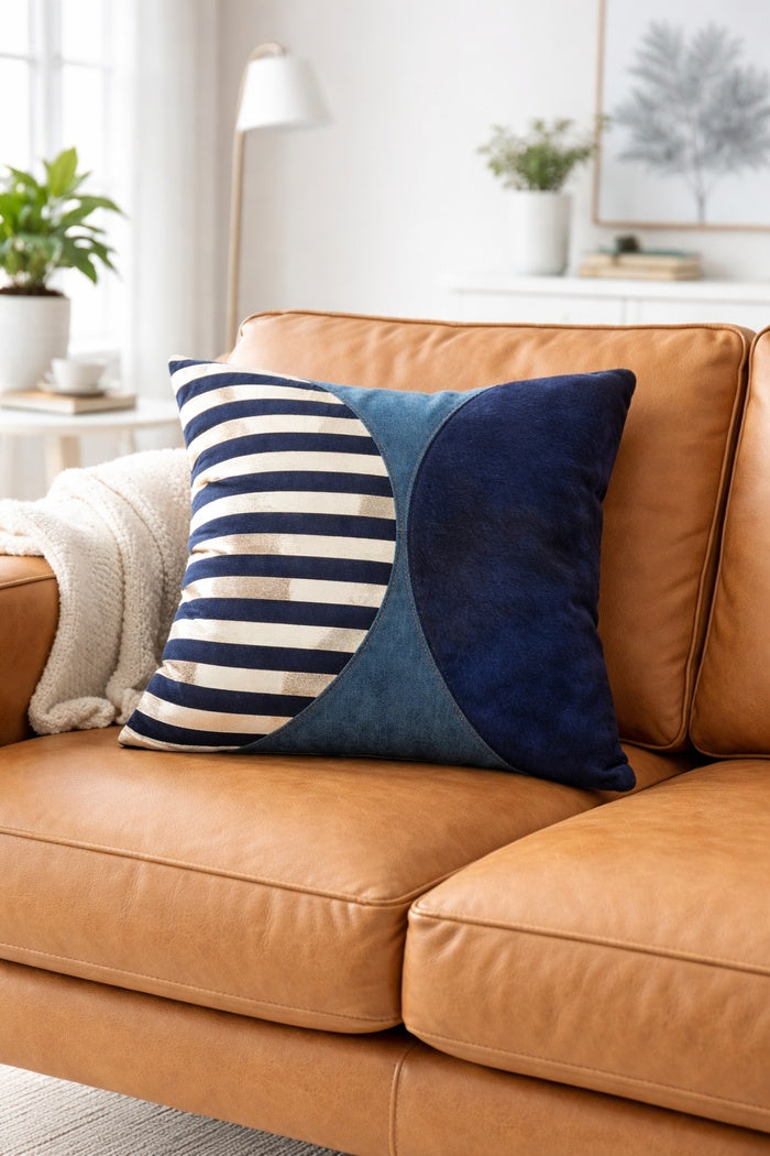 Handcrafted navy and silver leather cowhide cushion cover for living room