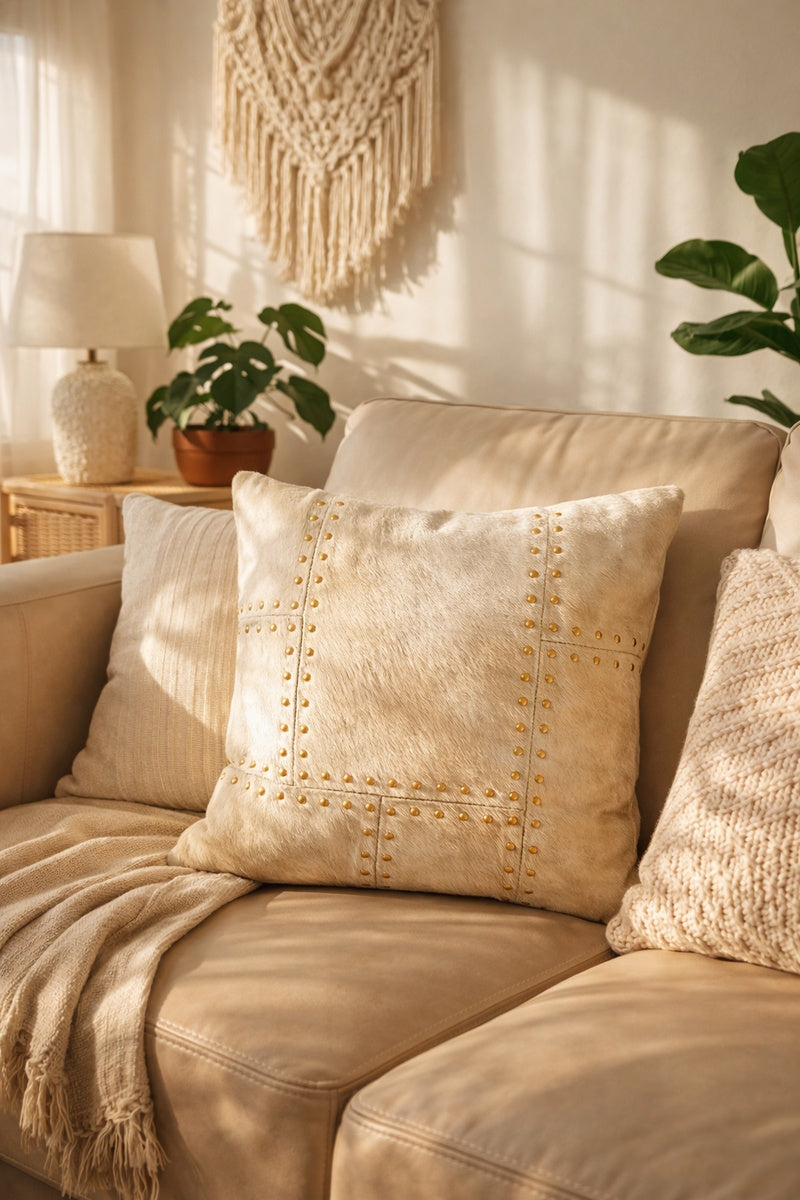 Luxury ivory cowhide leather throw pillow cover with brass stud accents