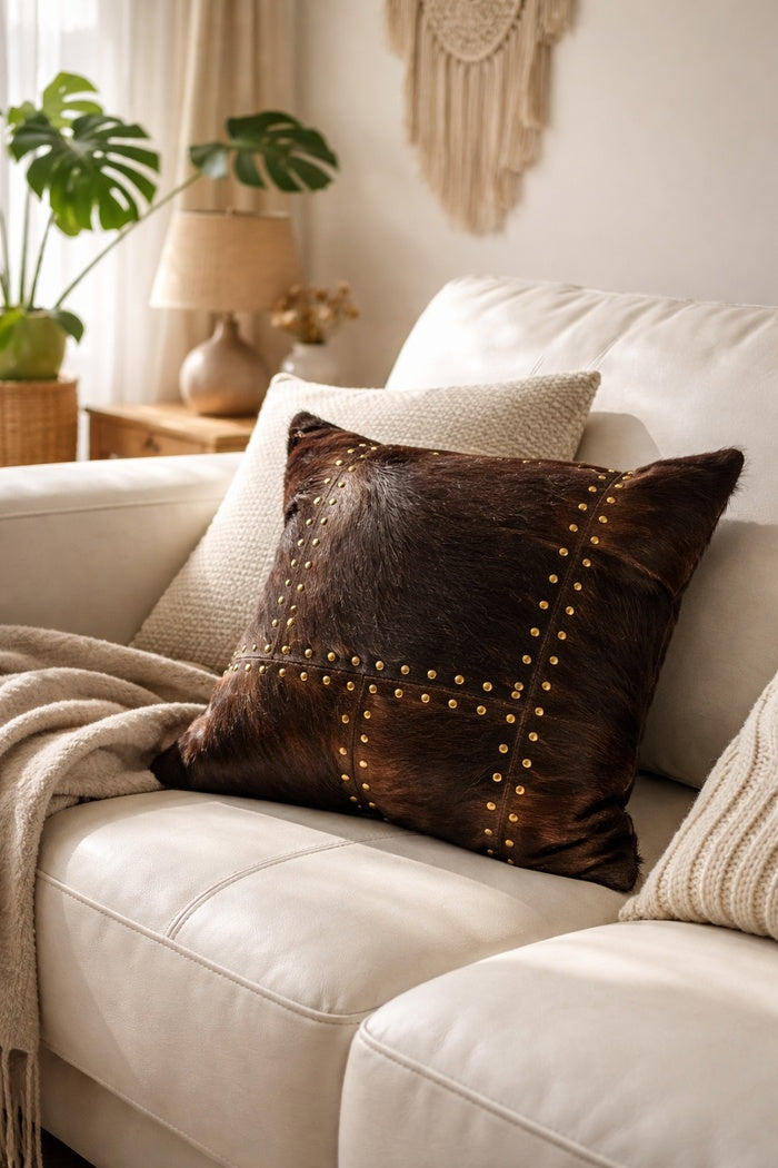 Premium studded cowhide leather throw pillow cover 40x40 with cotton linen reverse