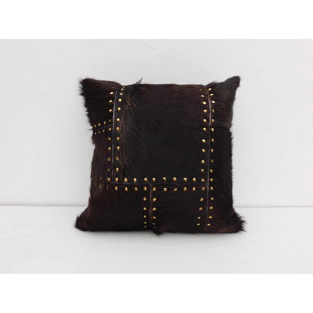 Luxury studded cowhide leather cushion cover with genuine hide texture and linen back fabric