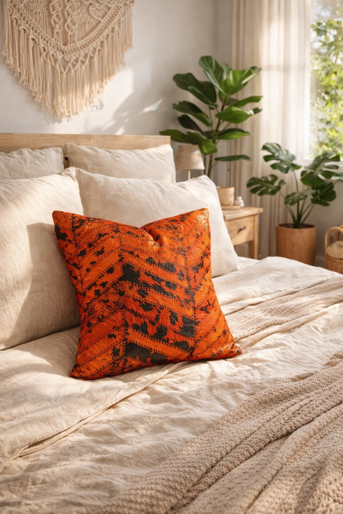 Decorative orange black cowhide leather cushion cover with bold pattern