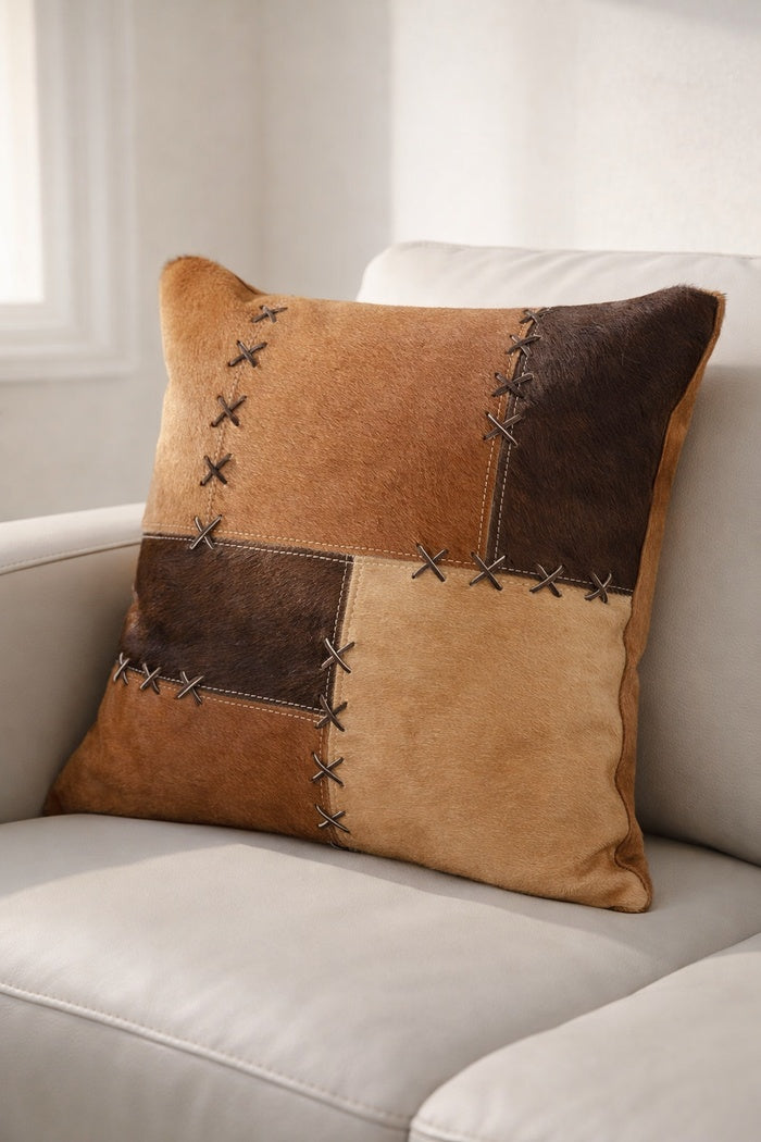 Handcrafted tan & chocolate cowhide leather cushion cover in 45x45 size for rustic interiors