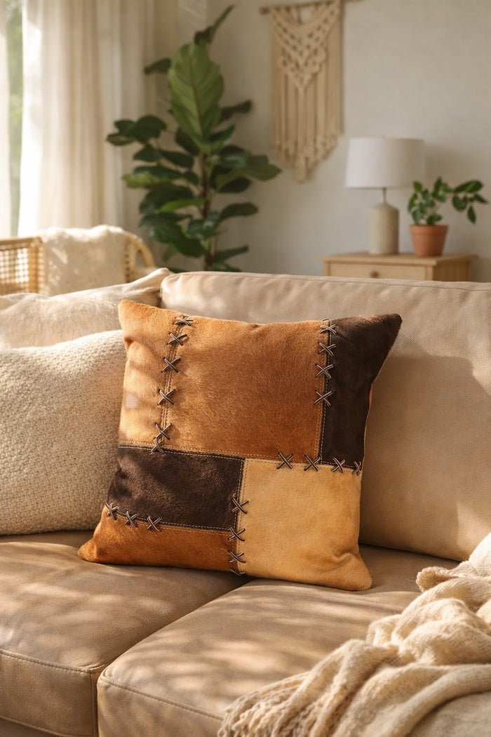 Premium cowhide leather throw pillow cover in tan and chocolate tones, 45x45 cm