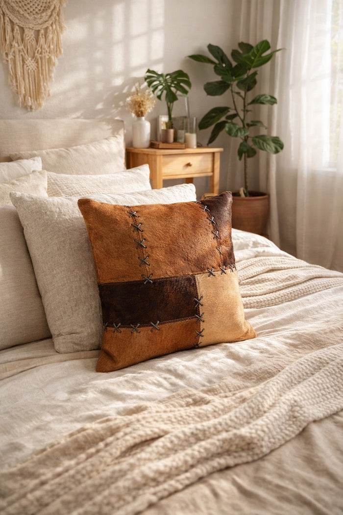 Natural cowhide leather cushion cover 45x45 cm in tan & chocolate for earthy home styling