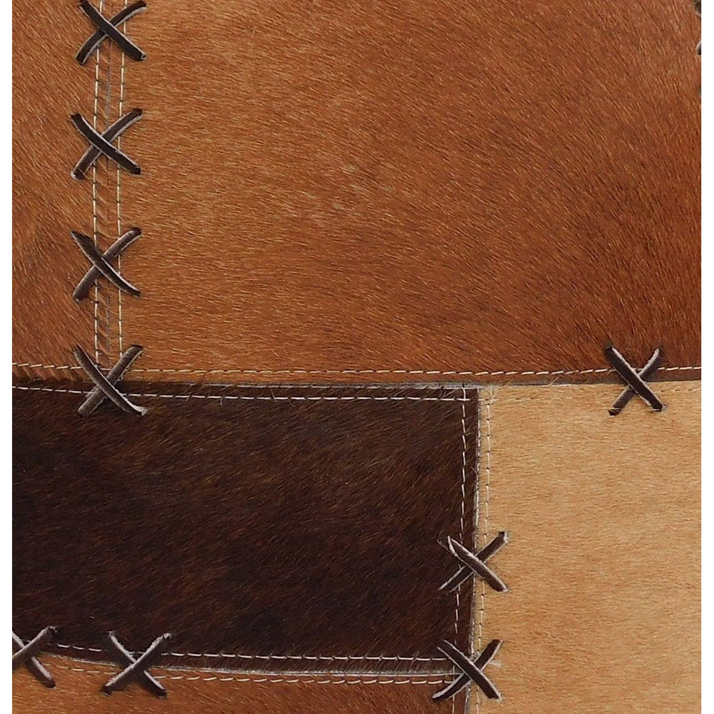 Rustic tan and chocolate cowhide leather cushion cover designed for modern and farmhouse decor