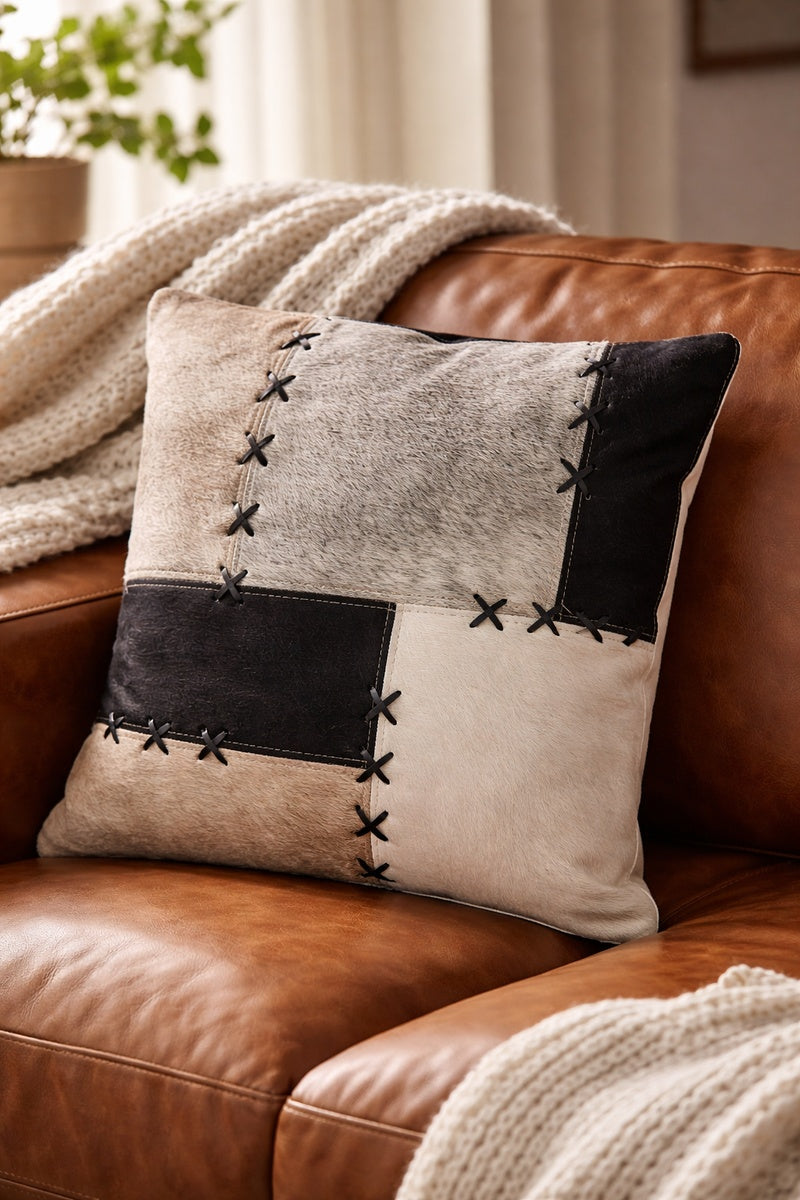 Handmade cowhide pillow cover 45x45 featuring black grey cream patchwork design
