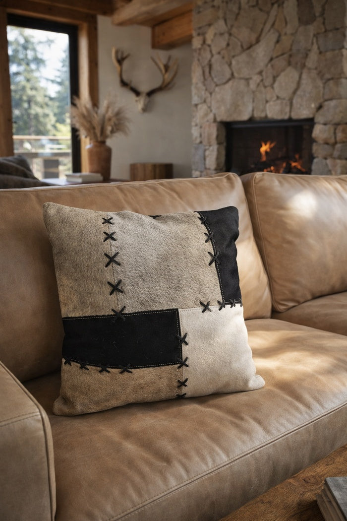 Modern patchwork cowhide throw pillow cover in black grey cream tones