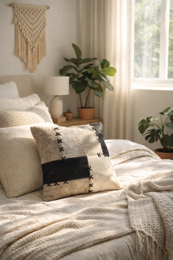 Contemporary cowhide leather cushion cover black grey cream for neutral home decor