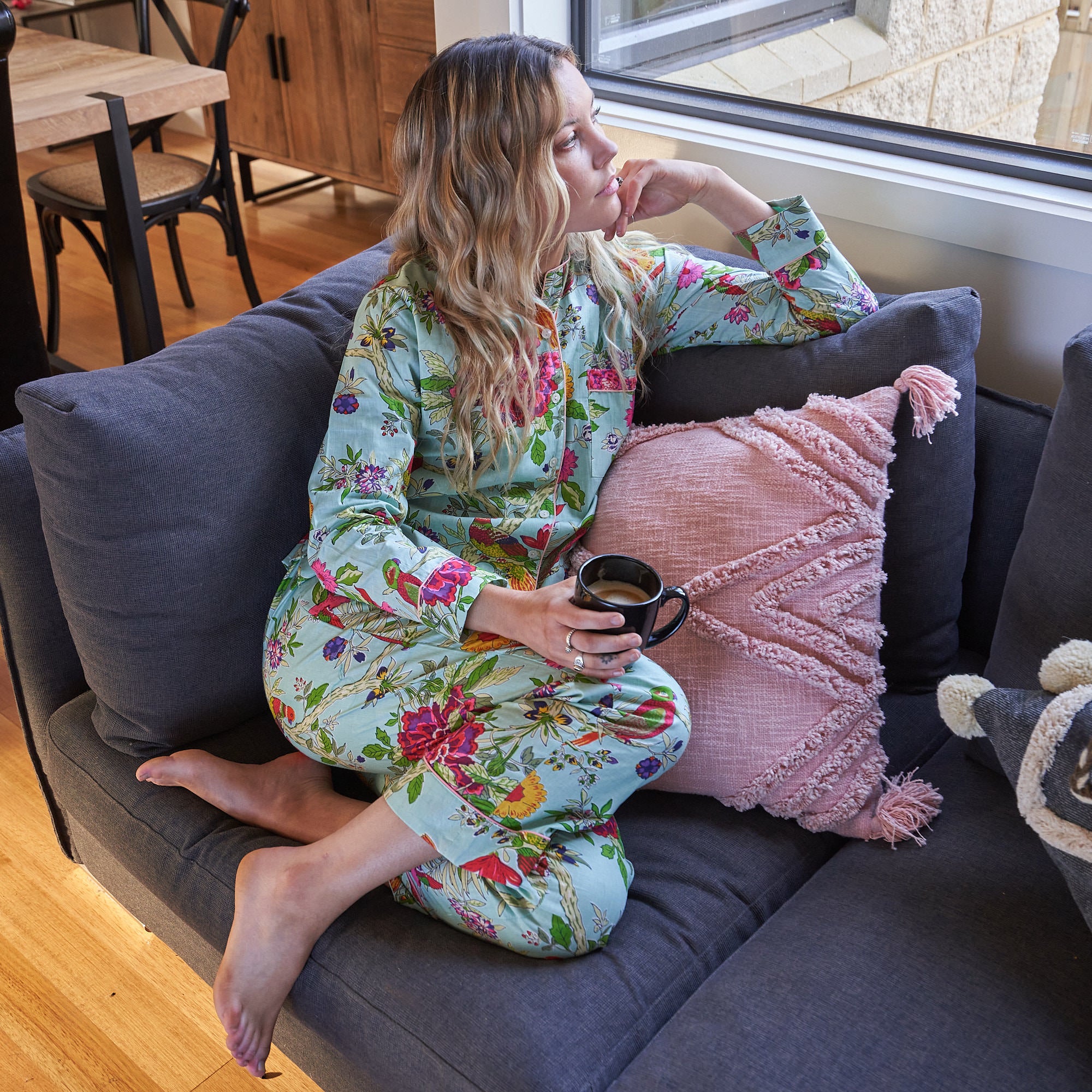 Parrot Floral Cotton Pyjama Set – Lightweight & Breathable Sleepwear