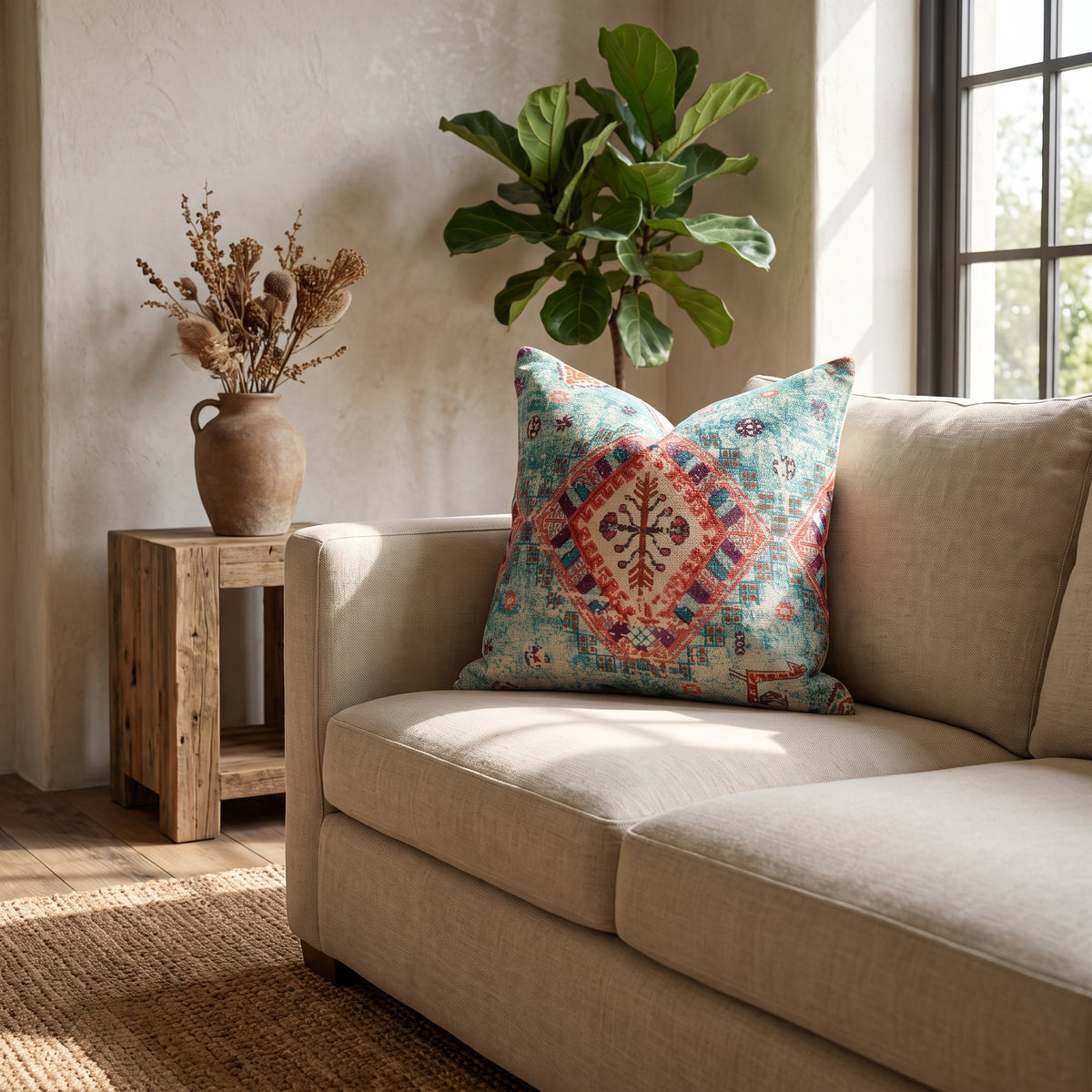 A beige sofa in a sunlit living room with a decorative throw pillow featuring a colorful bohemian-style geometric pattern. A rustic wooden side table with dried flowers and a potted fiddle-leaf fig plant sit beside the sofa.

Turquoise vintage inspired cushion cover for sofa styling