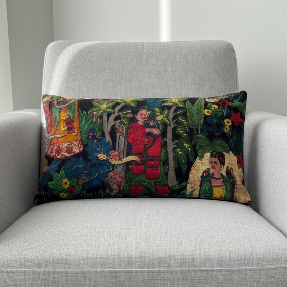 Tropical art velvet lumbar cushion cover with botanical jungle print styled on a grey armchair