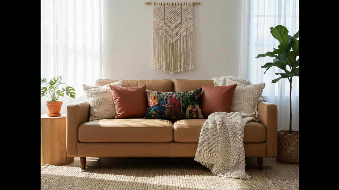 Close-up of tropical botanical velvet lumbar cushion cover with portrait-style artwork on tan leather sofa