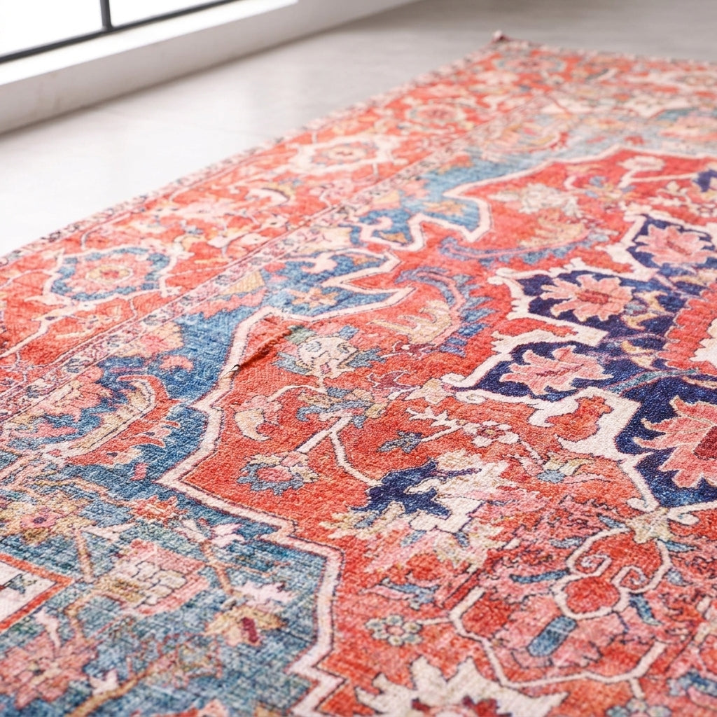 Vintage Persian Style Area Rug – Distressed Boho Medallion Carpet