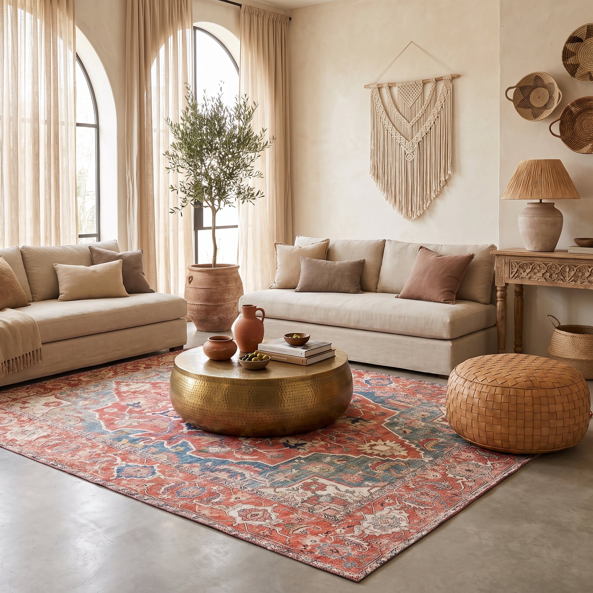 Traditional medallion rug styled in modern home
Bohemian Persian area rug by Linen Connections