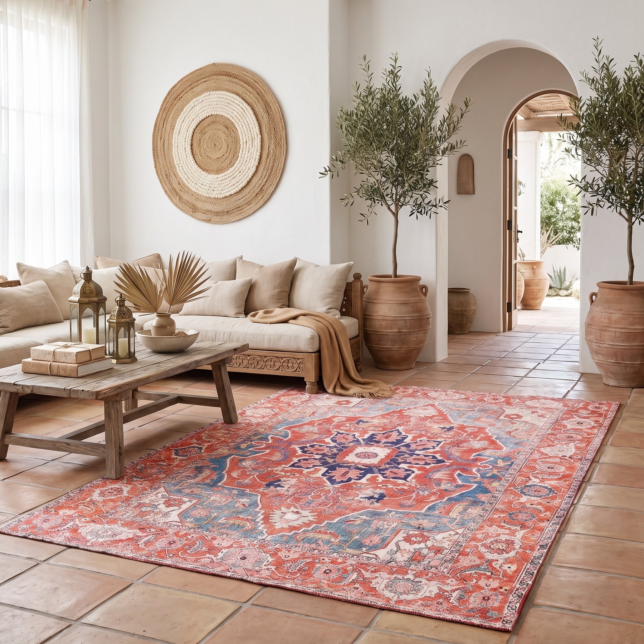 Terracotta Persian inspired area rug for living room
Oriental style area rug with vintage distressed pattern