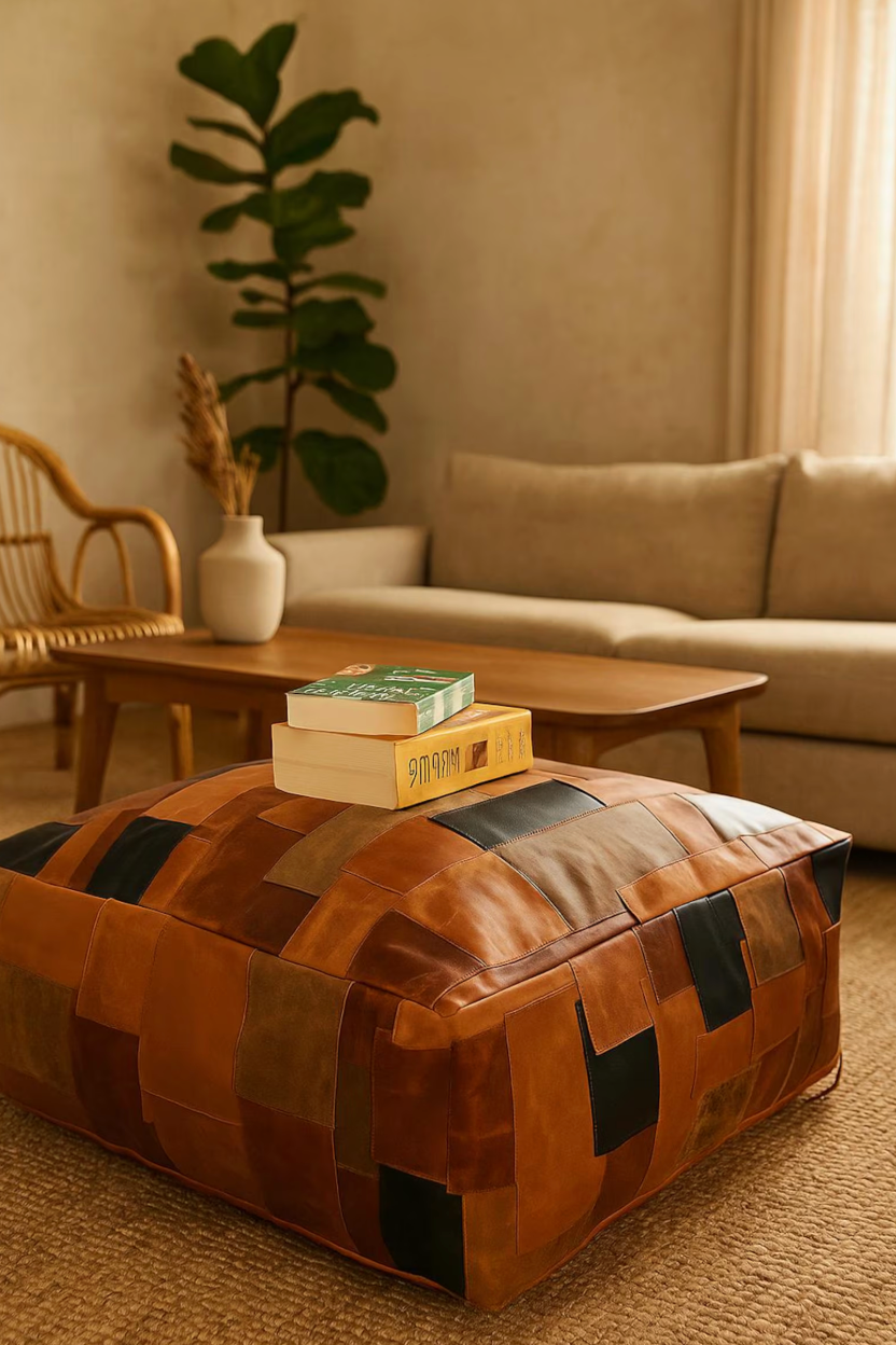 Leather patchwork ottoman pouffe in tan and brown styled in a modern living room as a floor footstool