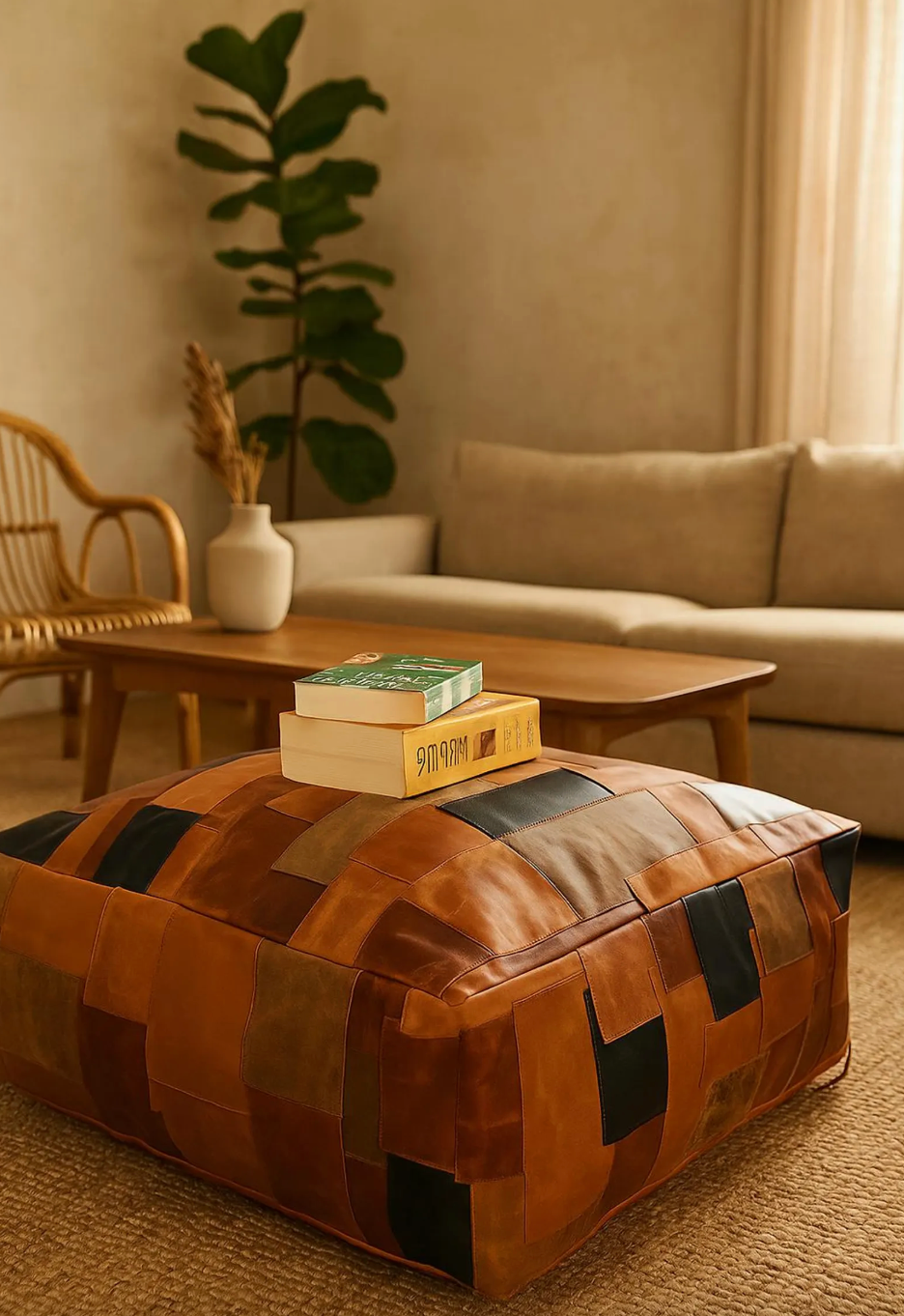 Leather Patchwork Floor Ottoman Cover – Handmade Moroccan-Style Pouffe (60x60x30cms)