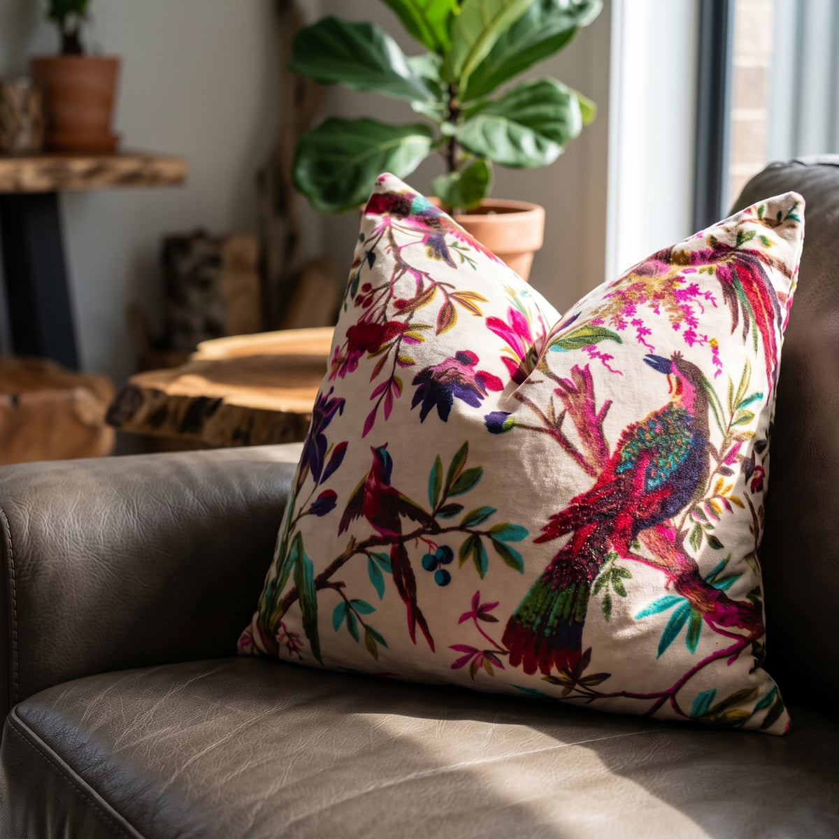 A square throw pillow with a vibrant embroidered bird and floral pattern on a cream background, resting on a brown leather sofa in a cozy living room setting. Floral bird cushion cover styled on neutral couch with natural sunlight