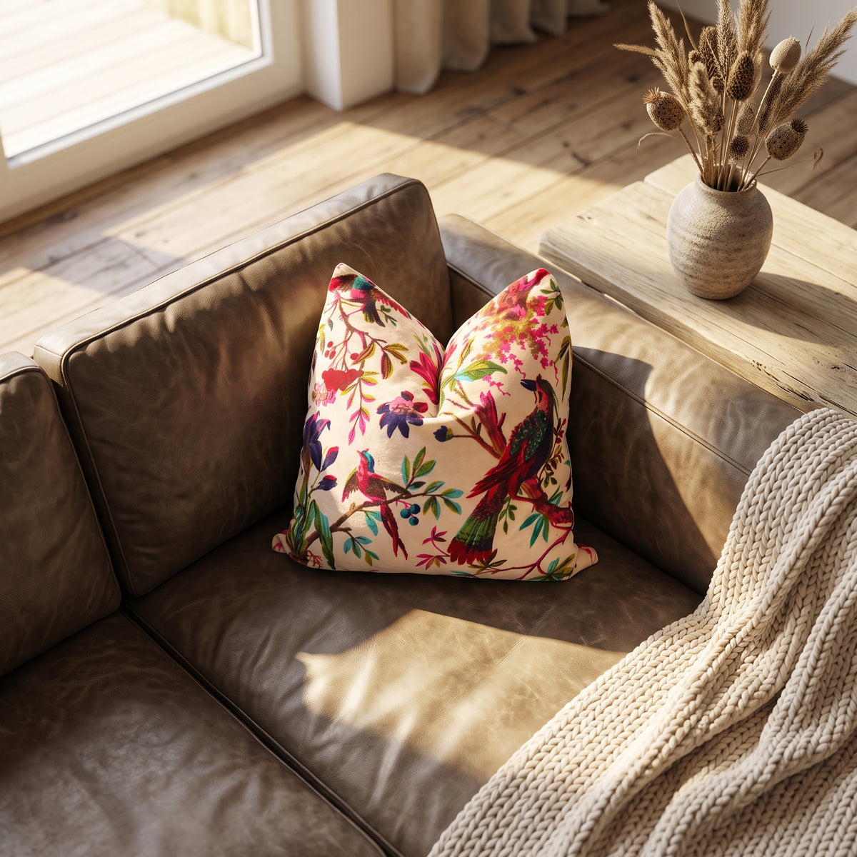 Floral Velvet Cushion Cover – Cream Bird Print 45 x 45 cm