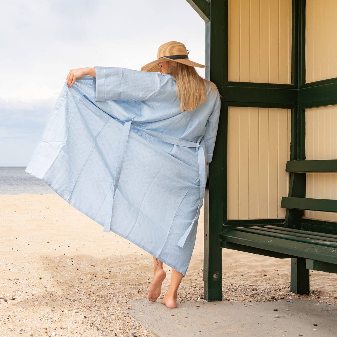 Unisex Waffle Linen Robe, Cotton Kimono Robe - Sky Blue
