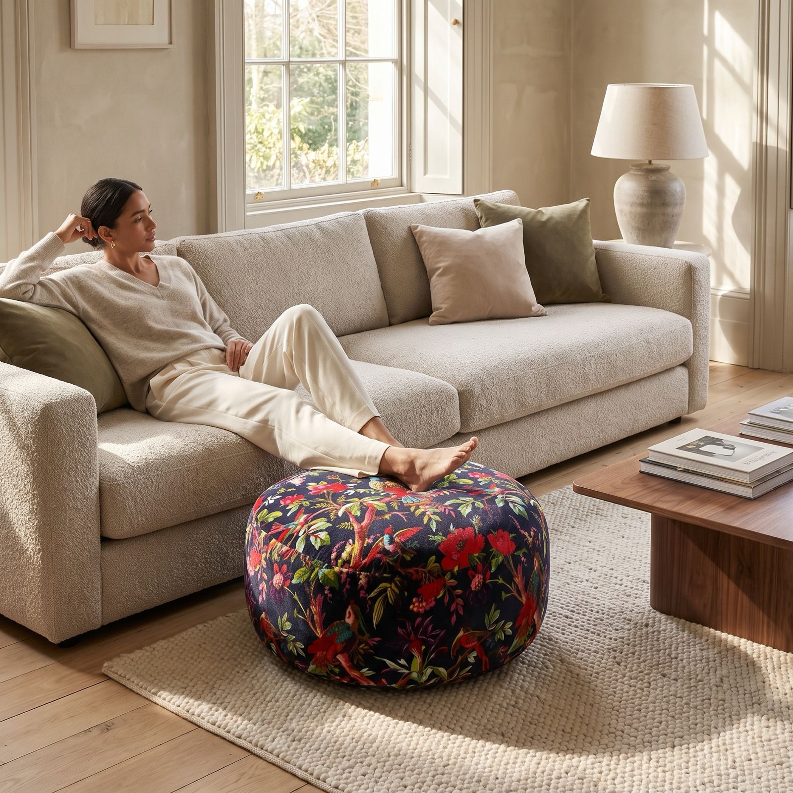 Bird & Floral Boho Floor Pouf | Decorative Ottoman Cushion
