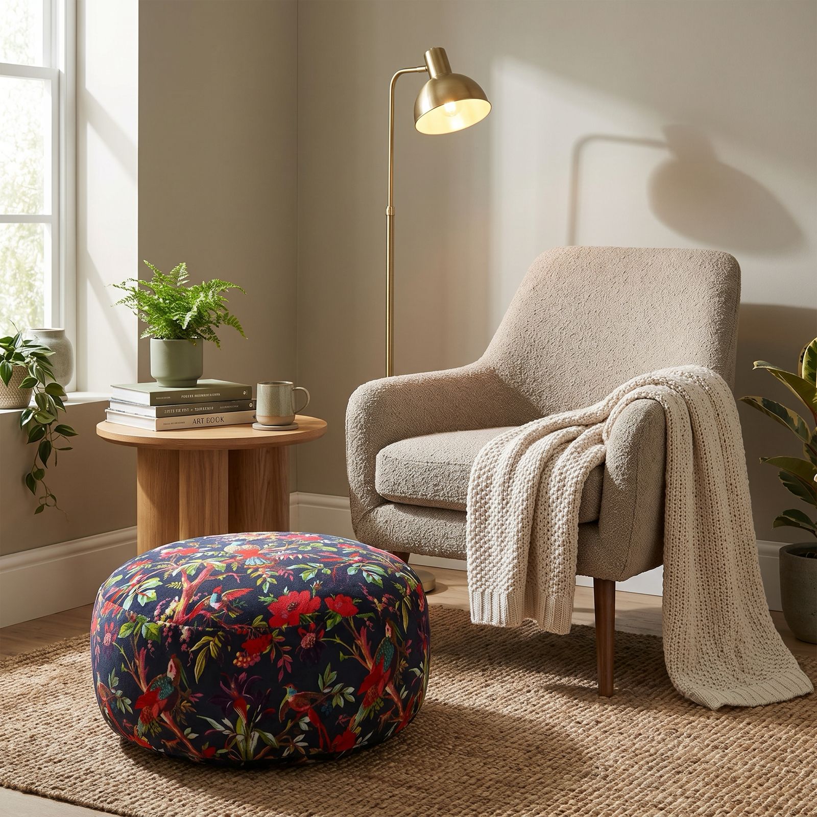 Bird & Floral Boho Floor Pouf | Decorative Ottoman Cushion