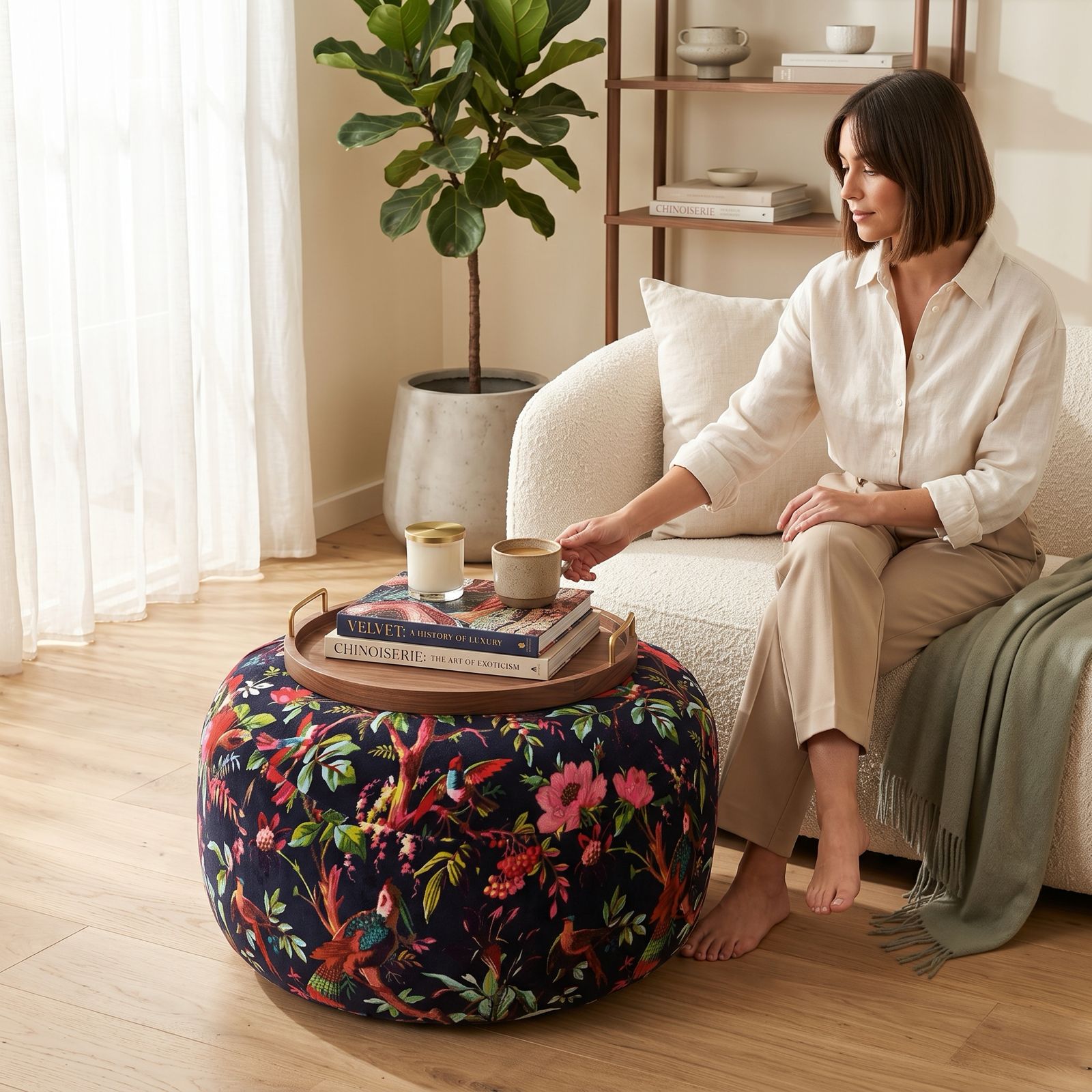 Bird & Floral Boho Floor Pouf | Decorative Ottoman Cushion