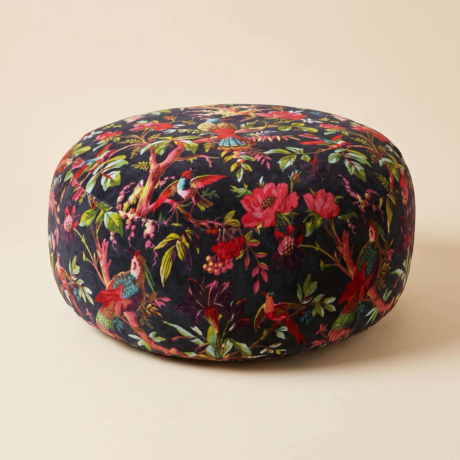 Bird & Floral Boho Floor Pouf | Decorative Ottoman Cushion