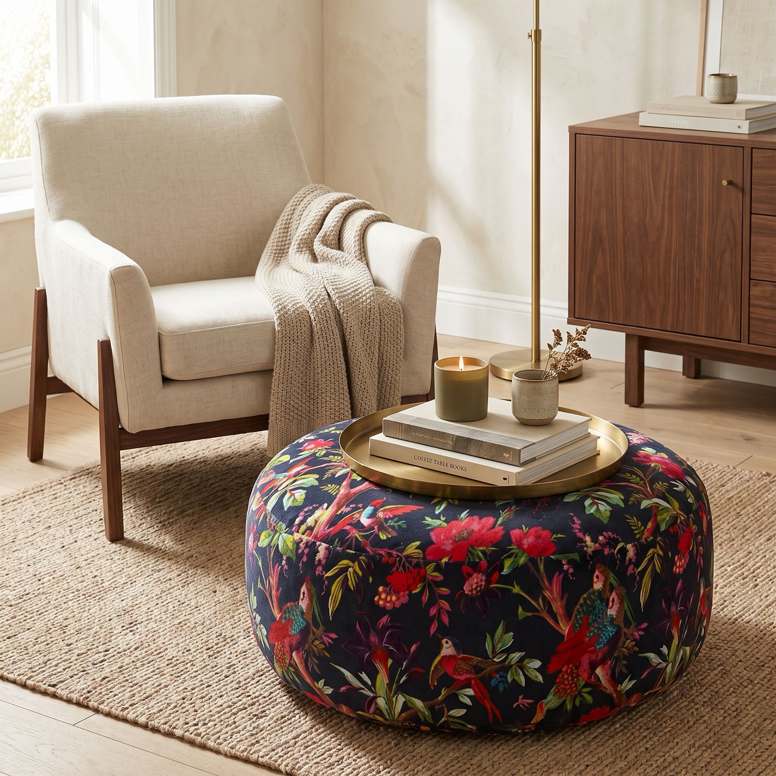 Bird & Floral Boho Floor Pouf | Decorative Ottoman Cushion