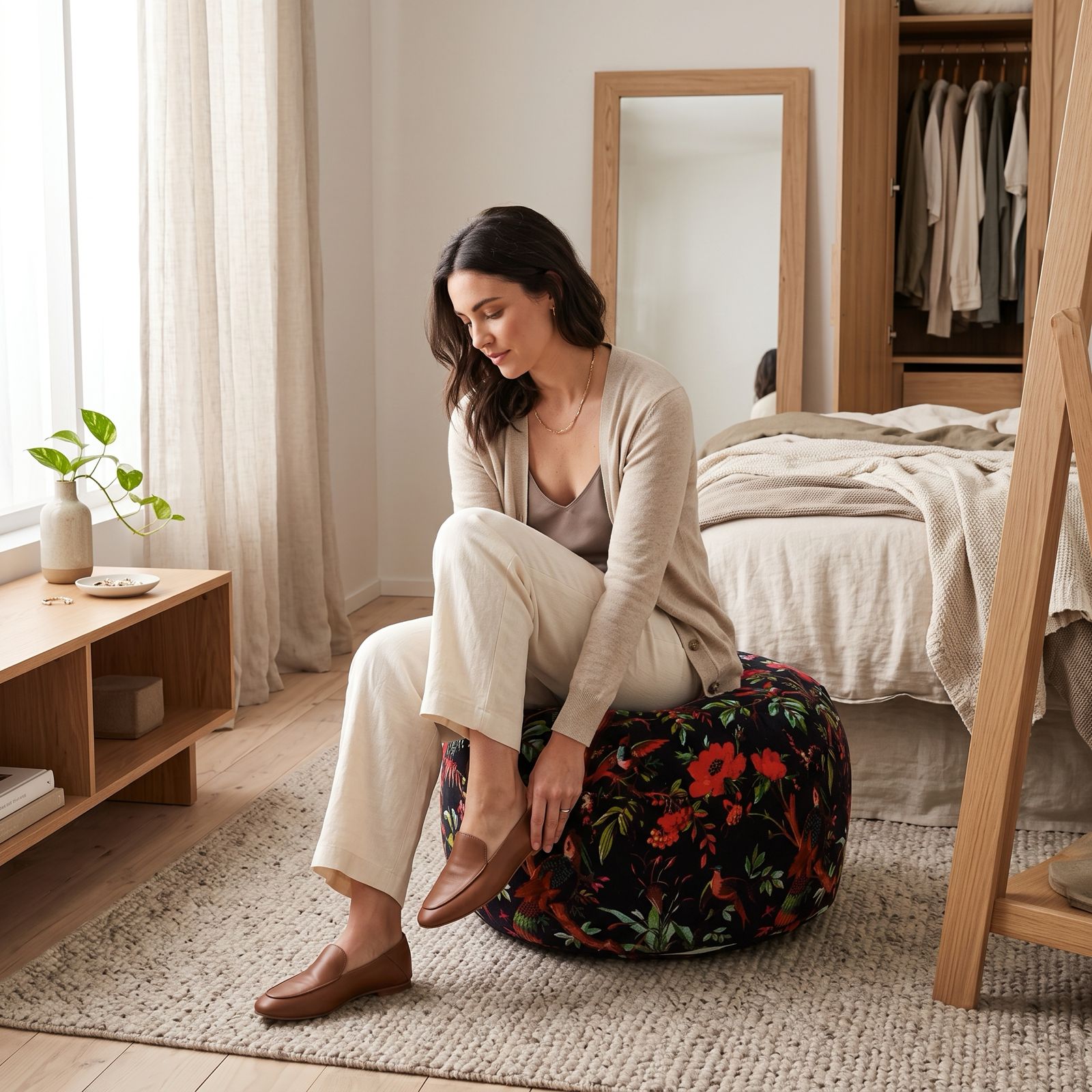 Bird & Floral Boho Floor Pouf | Decorative Ottoman Cushion