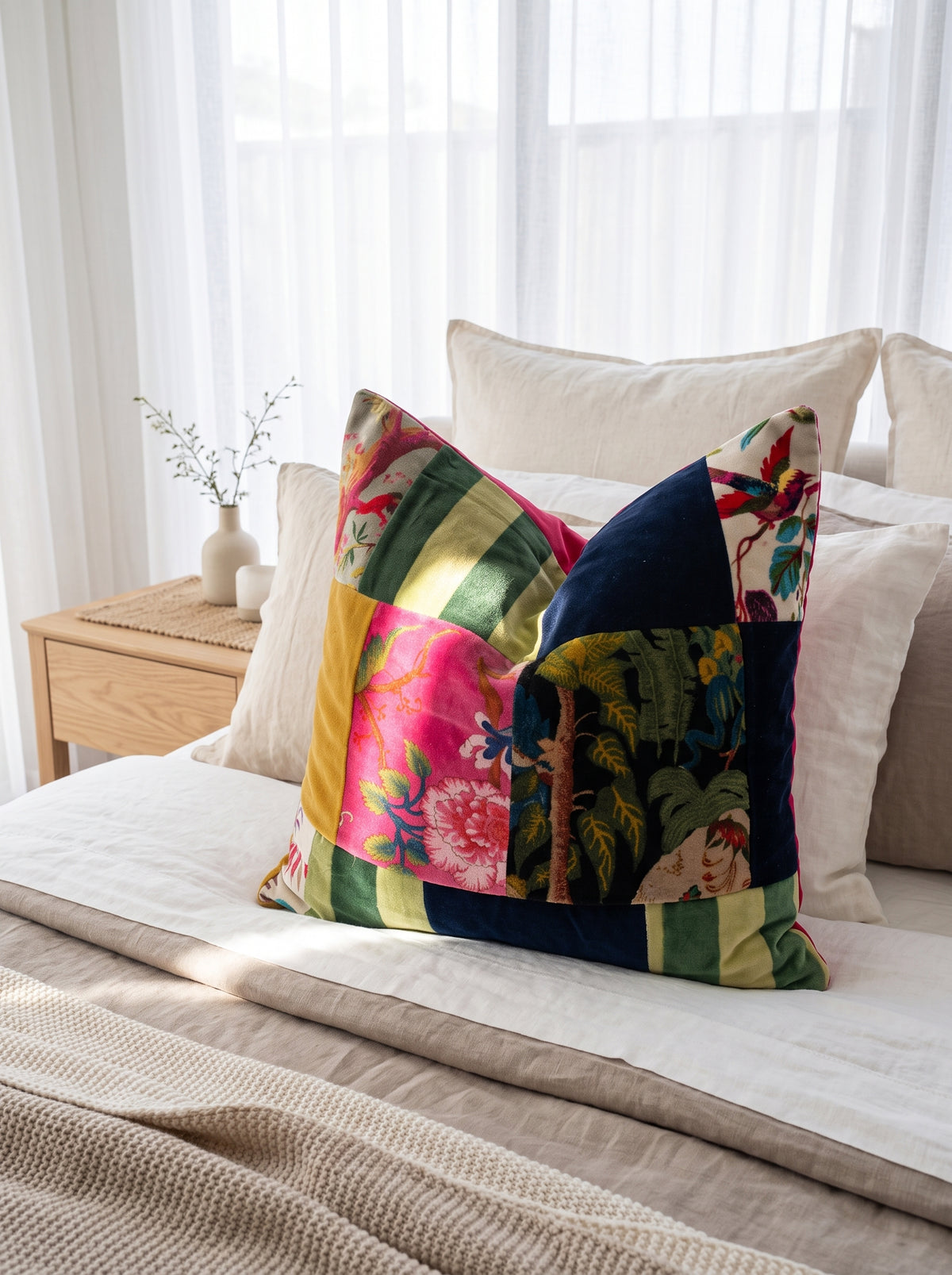Colourful patchwork velvet cushion cover styled in neutral living room