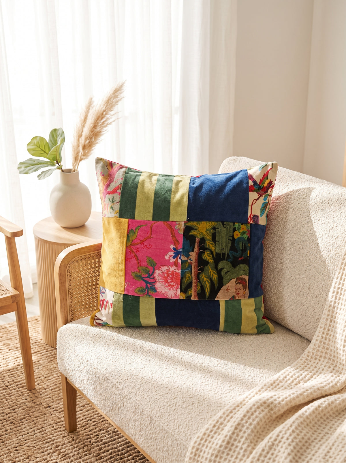 45x45cm cotton velvet patchwork cushion with floral and striped panels