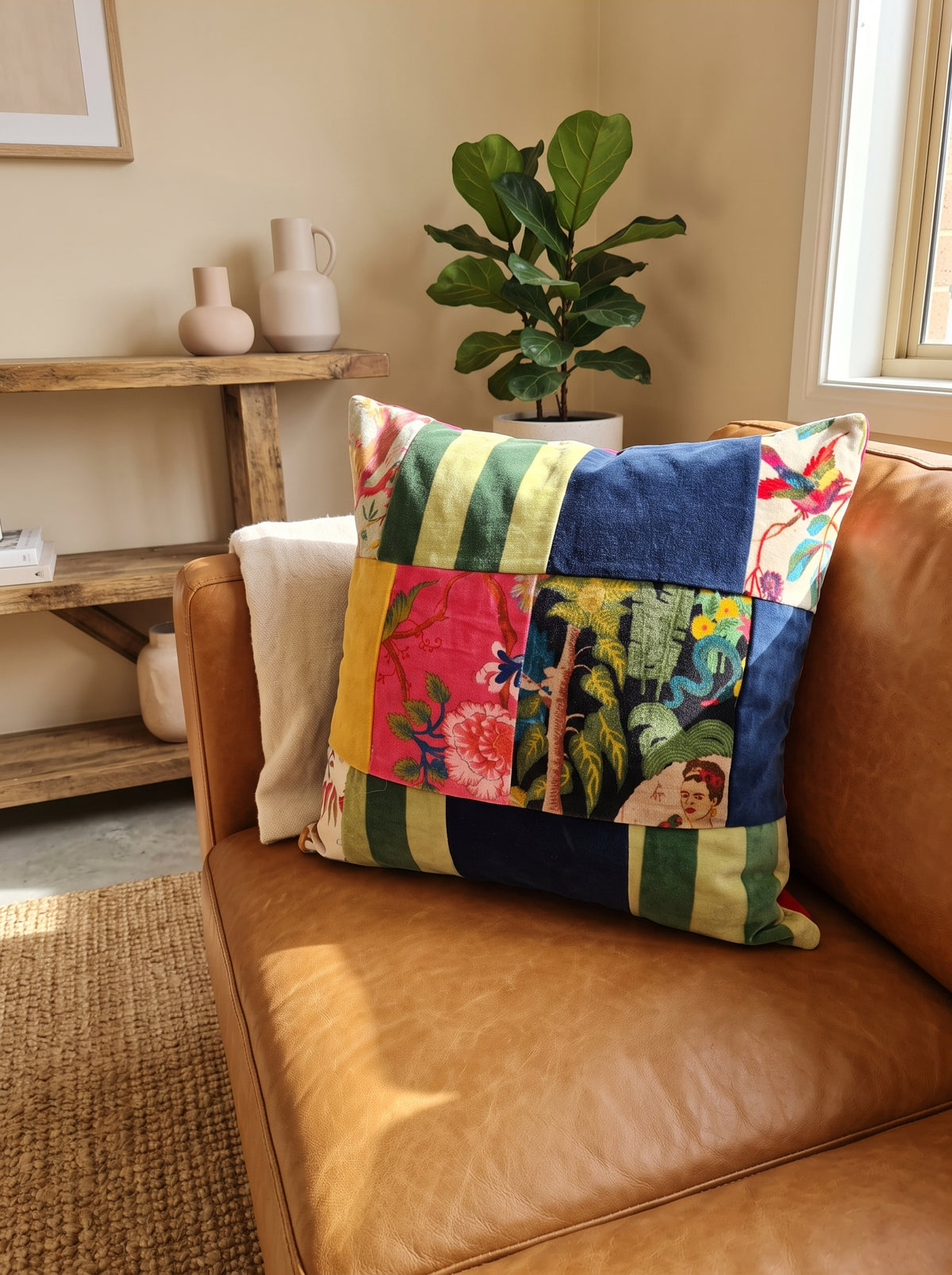 45x45cm cotton velvet patchwork cushion with floral and striped panels