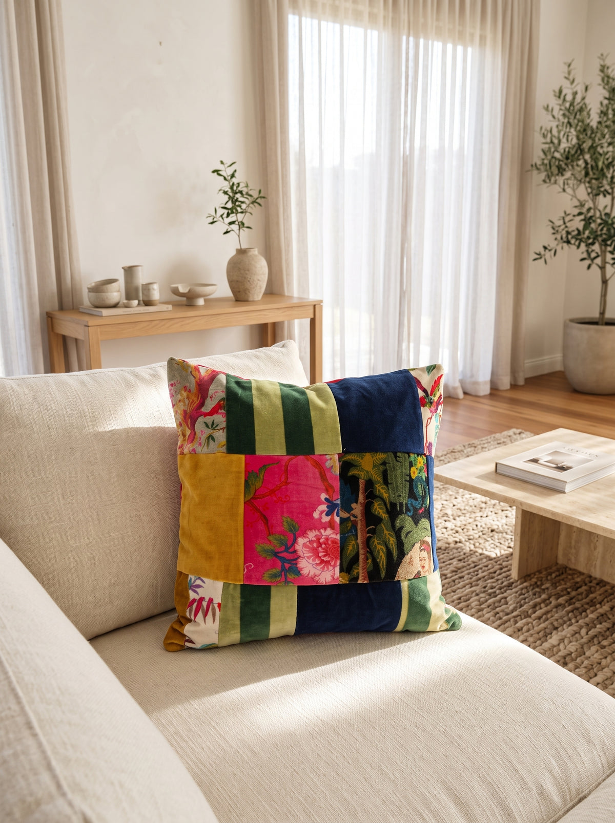 Colourful cotton velvet cushion cover with botanical patchwork design