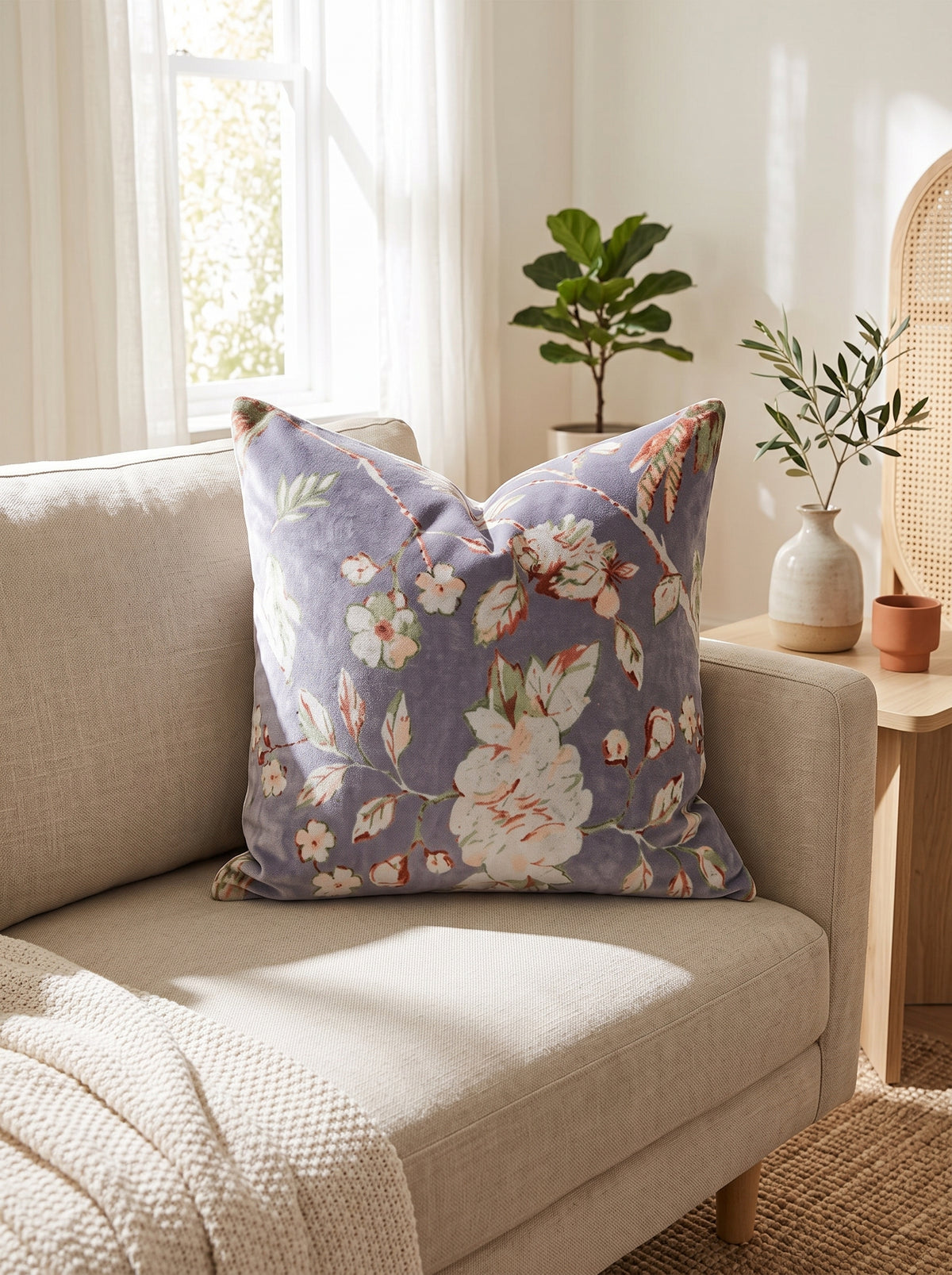 Botanical floral cotton cushion cover in grey blue
