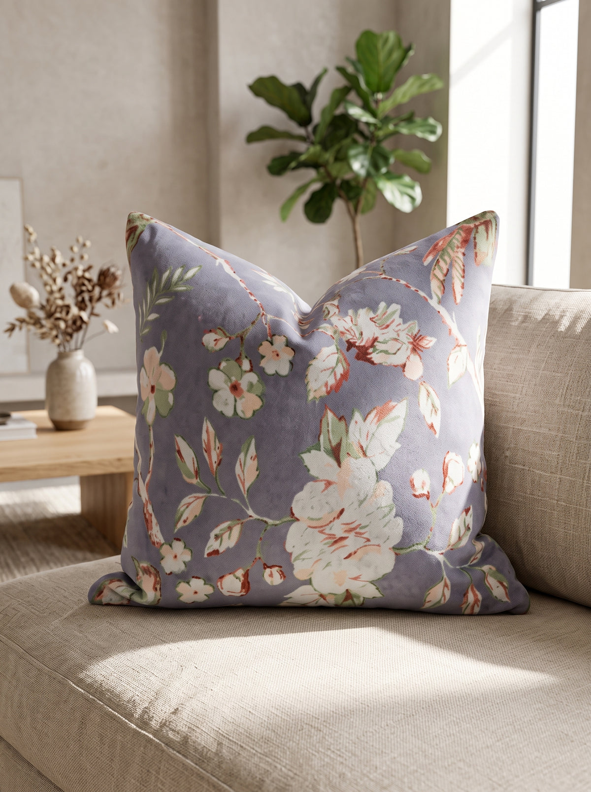 Grey blue botanical cushion cover styled on boho bed