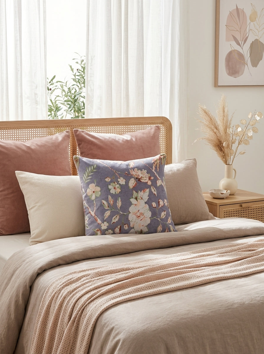 Botanical cotton cushion cover on cream bedroom bedding