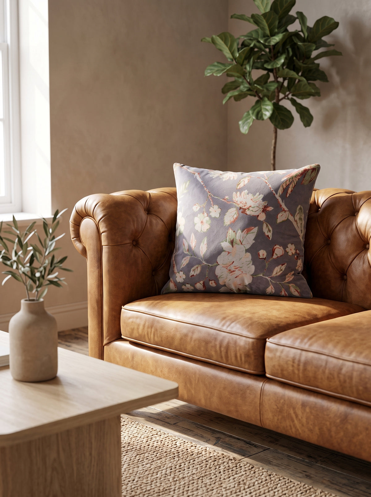 Grey blue floral cushion cover on tan leather sofa