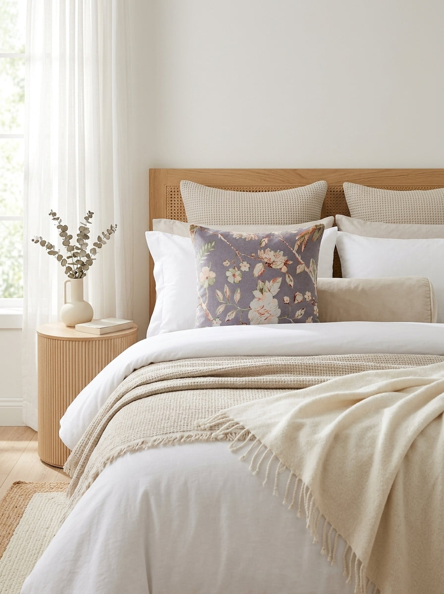 Grey floral cotton cushion styled in luxury neutral bedroom