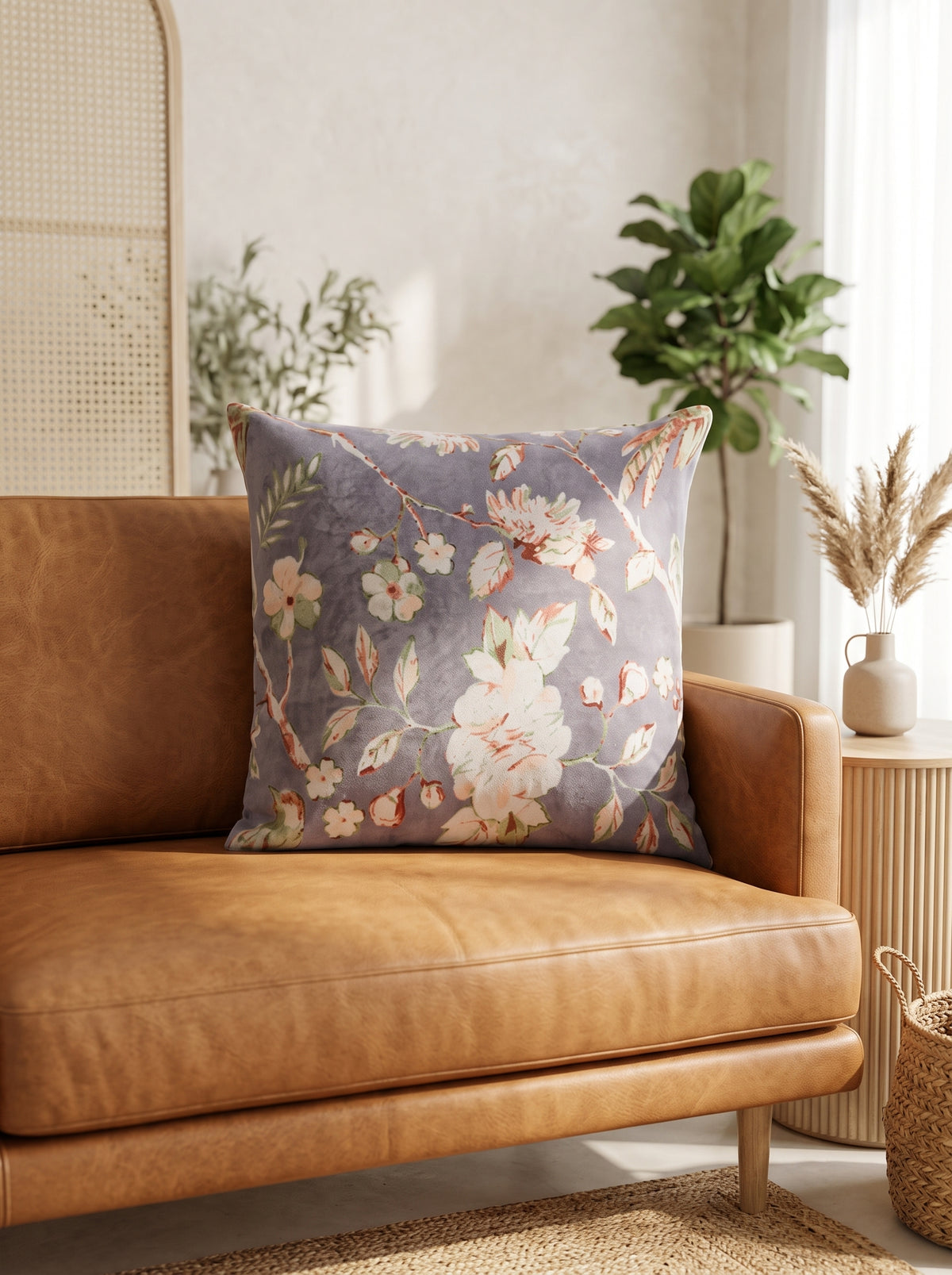 Floral cotton cushion cover styled on tan leather chair