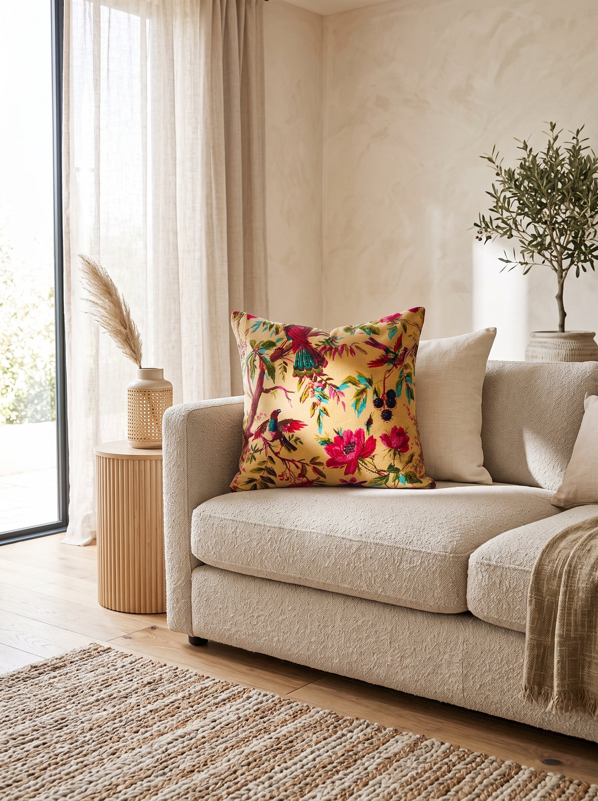 Colourful bird and floral cotton velvet cushion cover on cream sofa