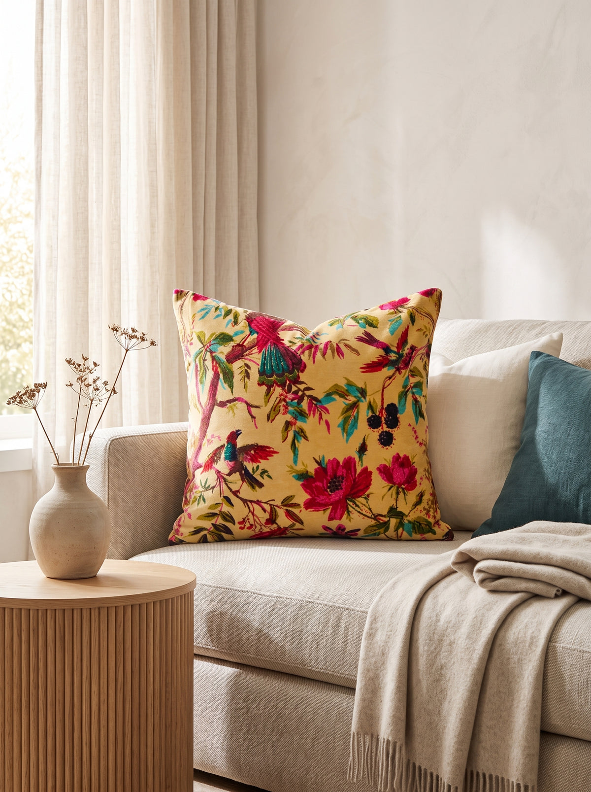 Yellow botanical bird cotton velvet cushion cover on beige sofa