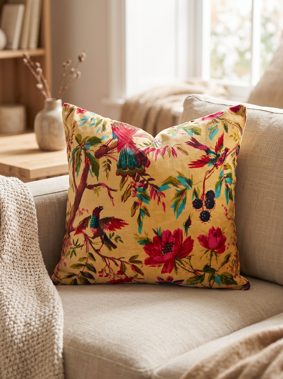 Yellow bird floral cotton velvet cushion cover styled on a neutral bed
