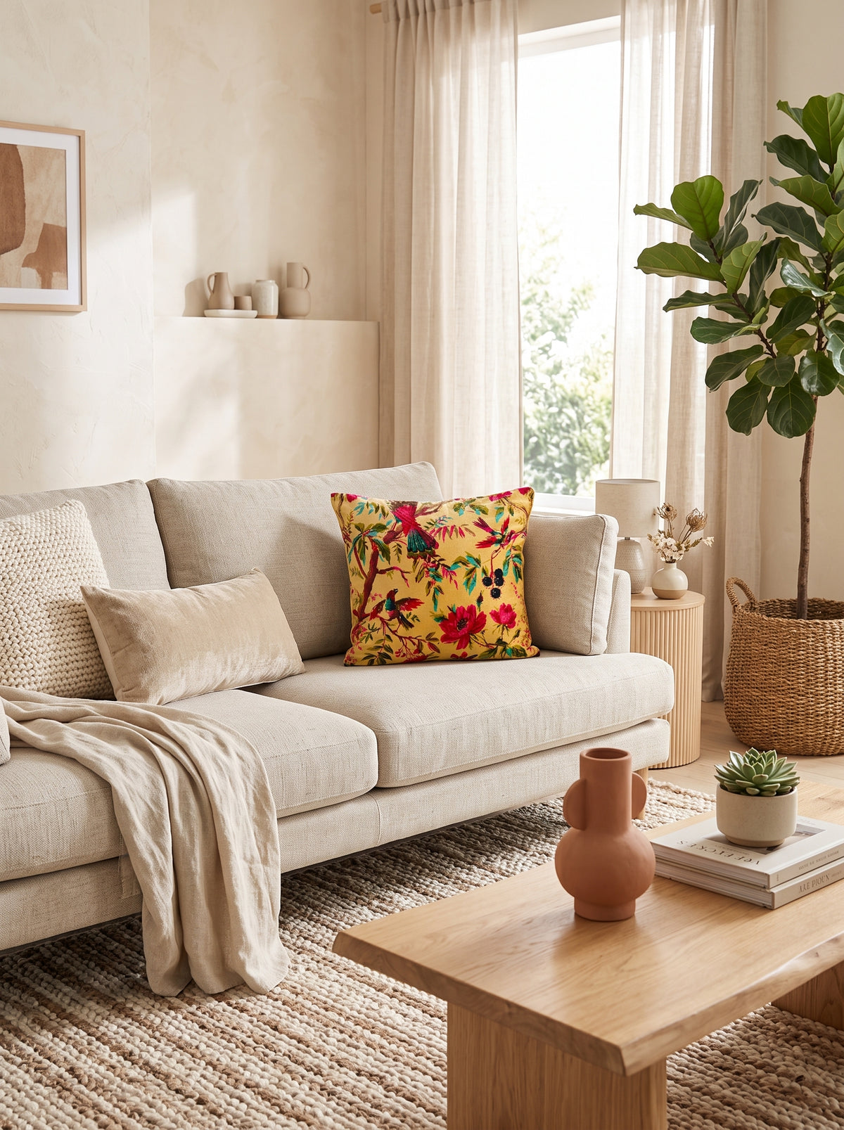 Close-up of yellow botanical bird cotton velvet cushion cover