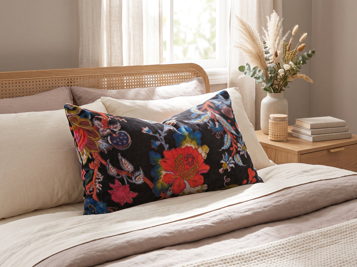 Black floral 30x50cm velvet cushion cover styled on neutral bed