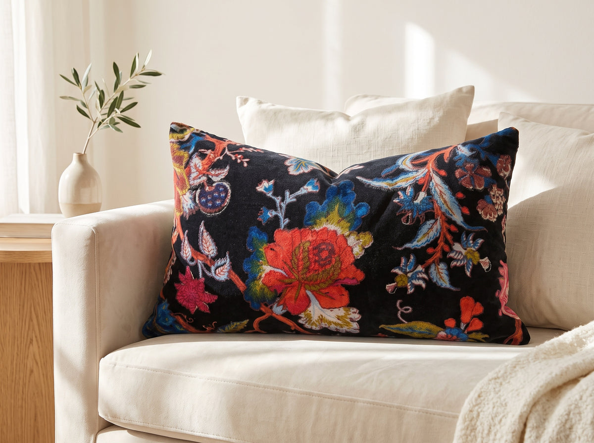 Black floral velvet lumbar cushion cover 30x50cm on cream sofa