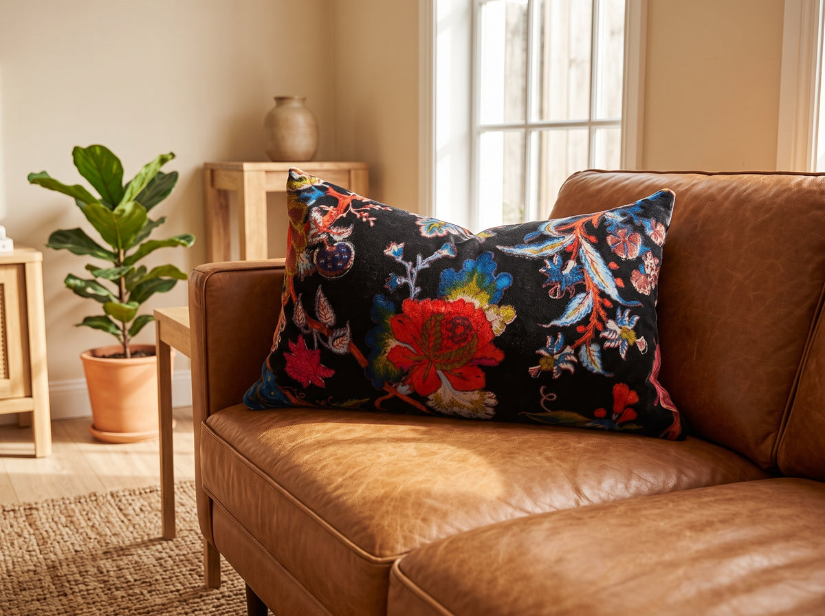Double-sided velvet floral lumbar cushion cover in modern living room