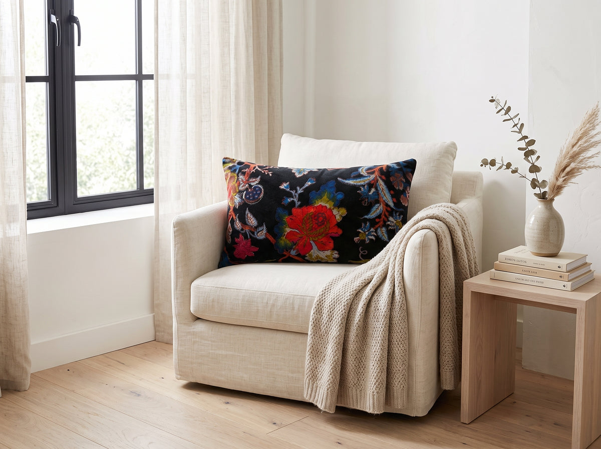 30x50cm floral velvet lumbar cushion cover in neutral interior