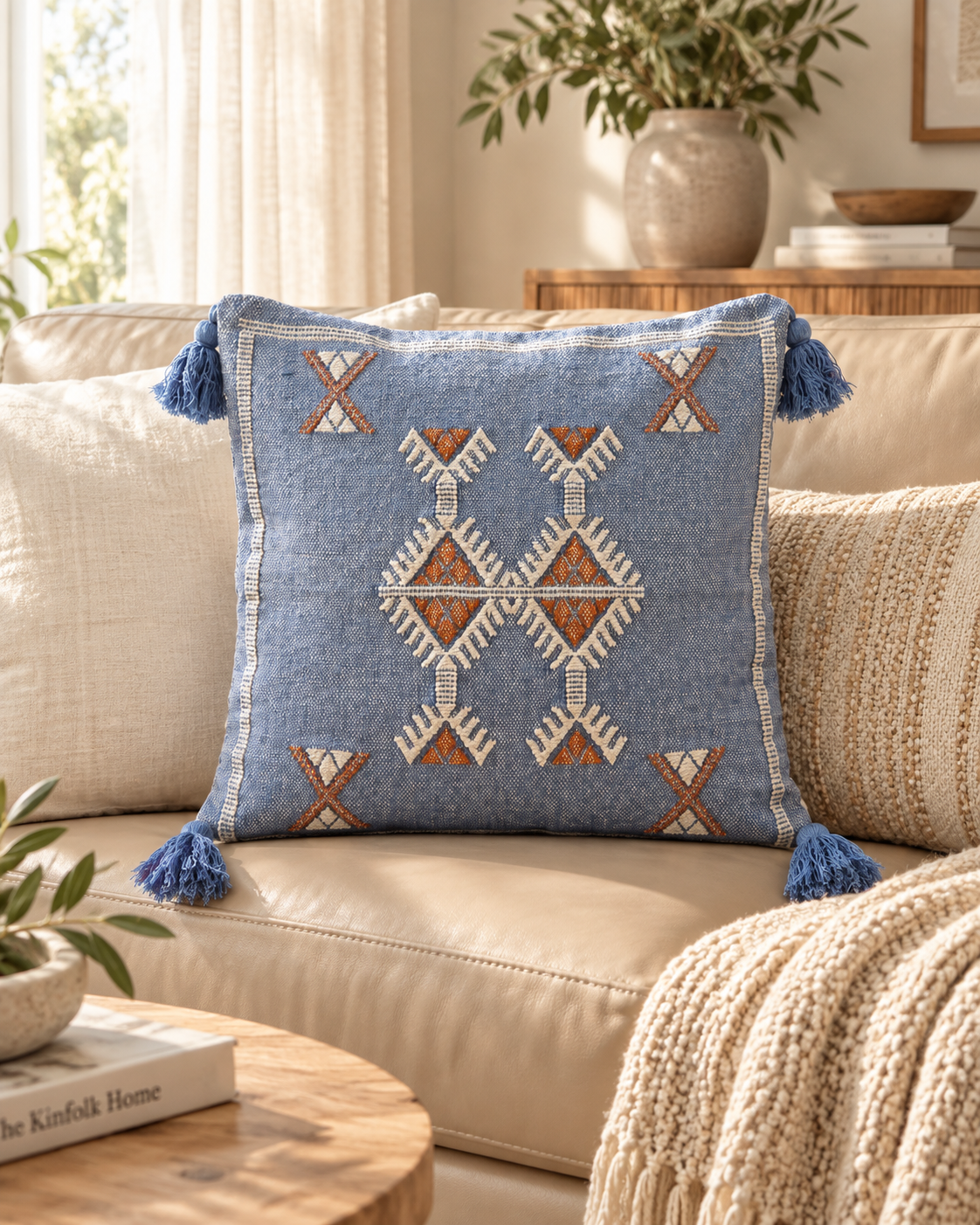 Blue boho embroidered cotton cushion cover styled in a warm neutral living room