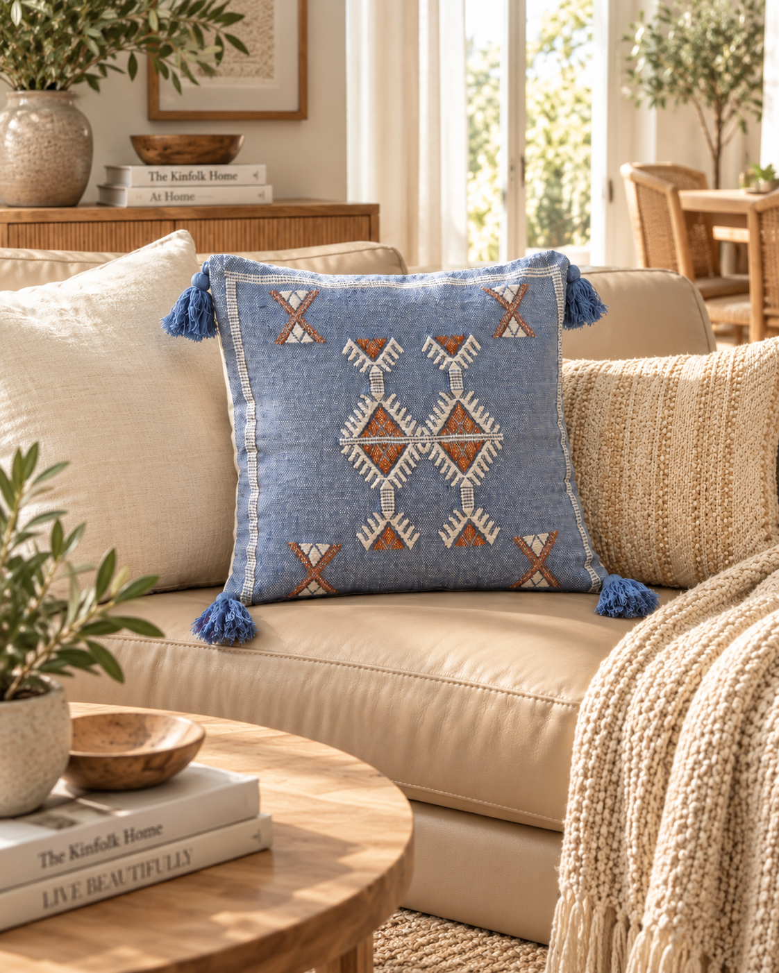 Blue embroidered cushion cover with tassels styled on a boho bedroom bed